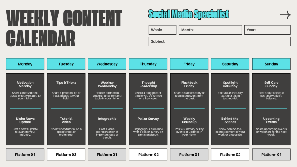 Blue and black modern weekly content calendar