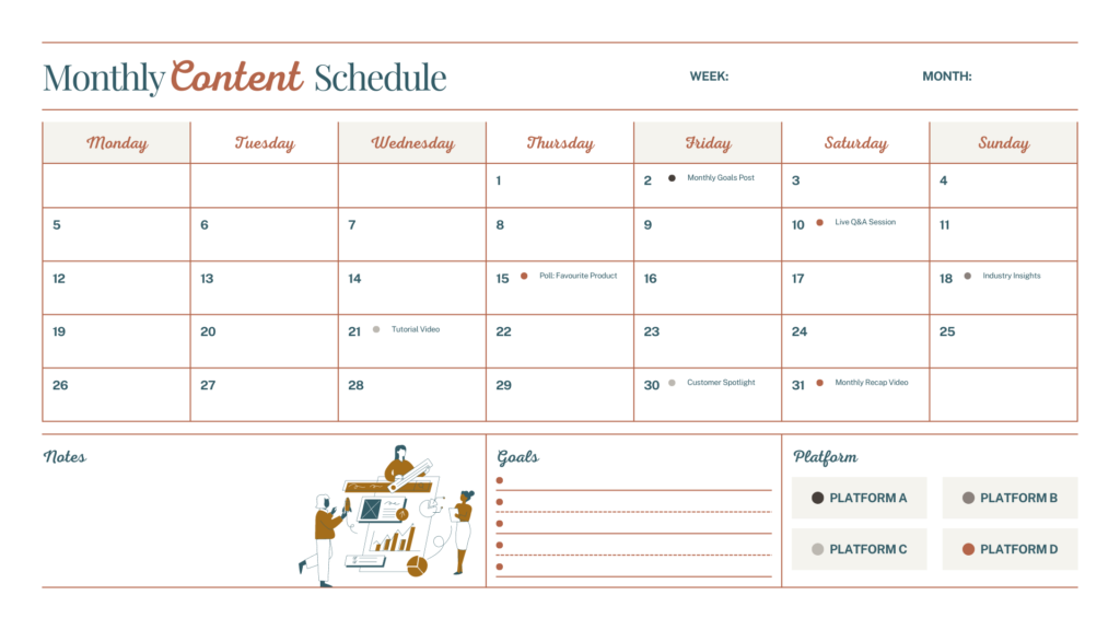 White and orange monthly content schedule calendar